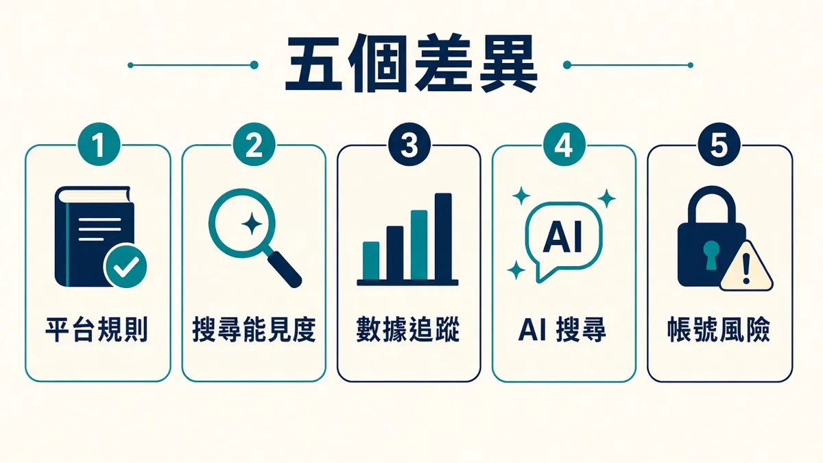 五個差異:平台規則、搜尋能見度、數據追蹤、AI 搜尋、帳號風險