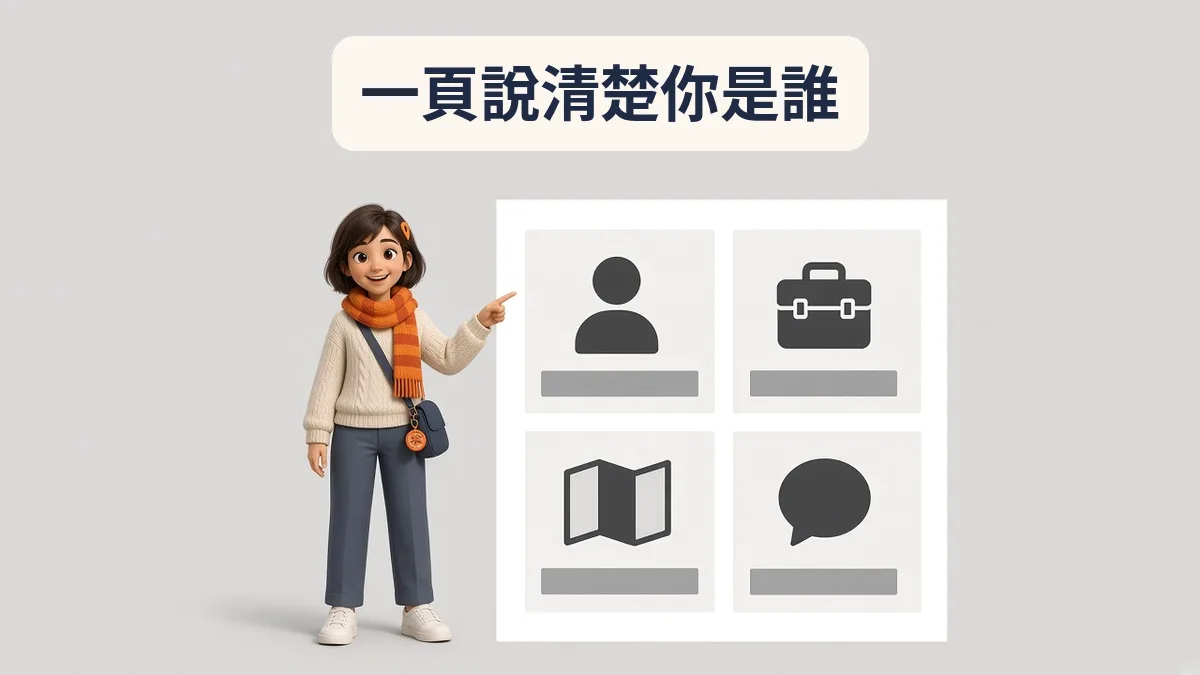 Kaira 站在一頁簡潔的品牌網頁旁,網頁分成介紹、服務、地區、聯絡四個區塊