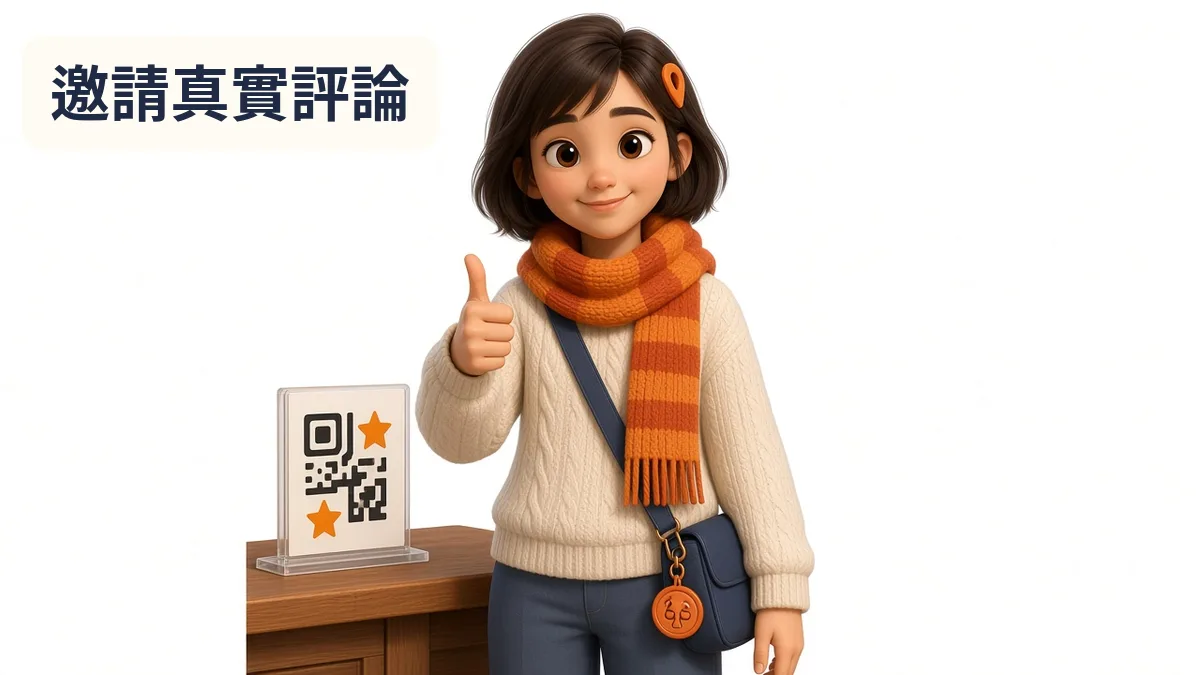Kaira 在店內櫃台旁比讚,櫃台上有只畫著 QR Code 圖案和星星的小立牌