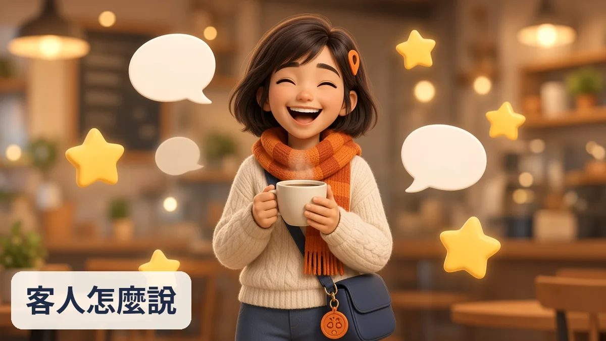 Kaira 拿著咖啡杯,旁邊浮著星星圖示和對話框